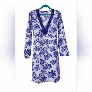 Boston Proper Blue White Floral Dress L Crochet Neck Tie Back Cotton Tunic